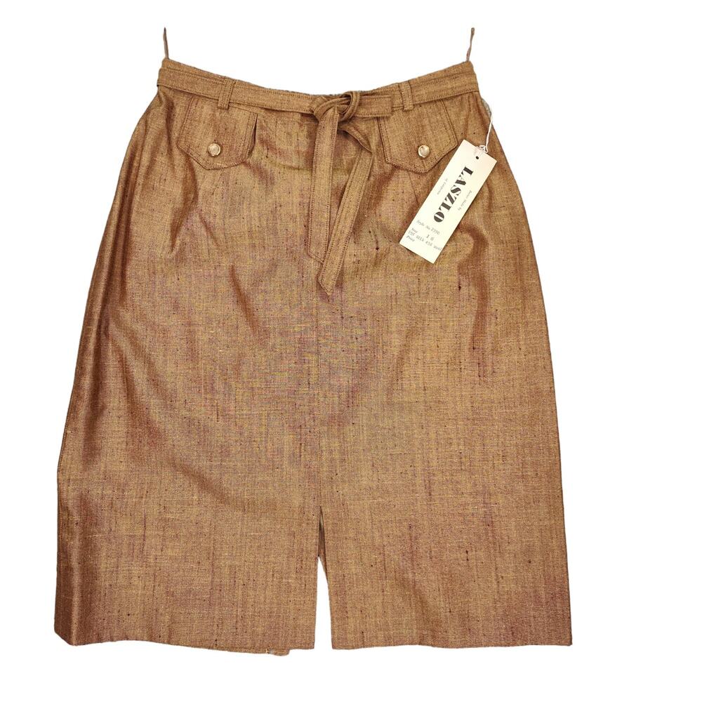 Vintage 1960s Wool Silk Tweed Pencil Skirt NOS Gold Belted Mod Secretary Size 10